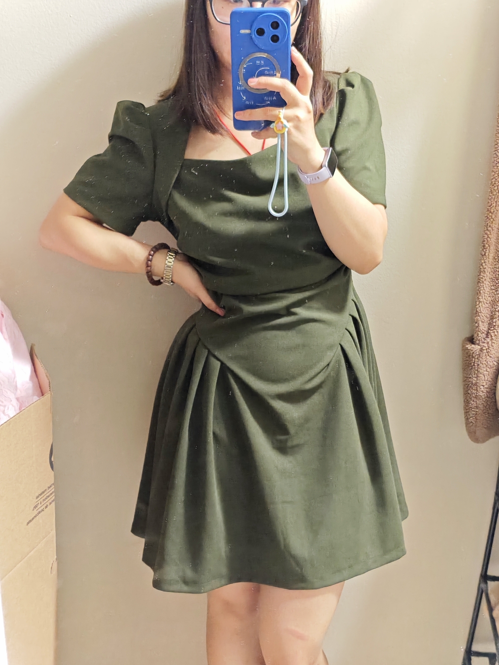Cat Girl Olive Green Short Sleeve Fit-and-Flare Dress
